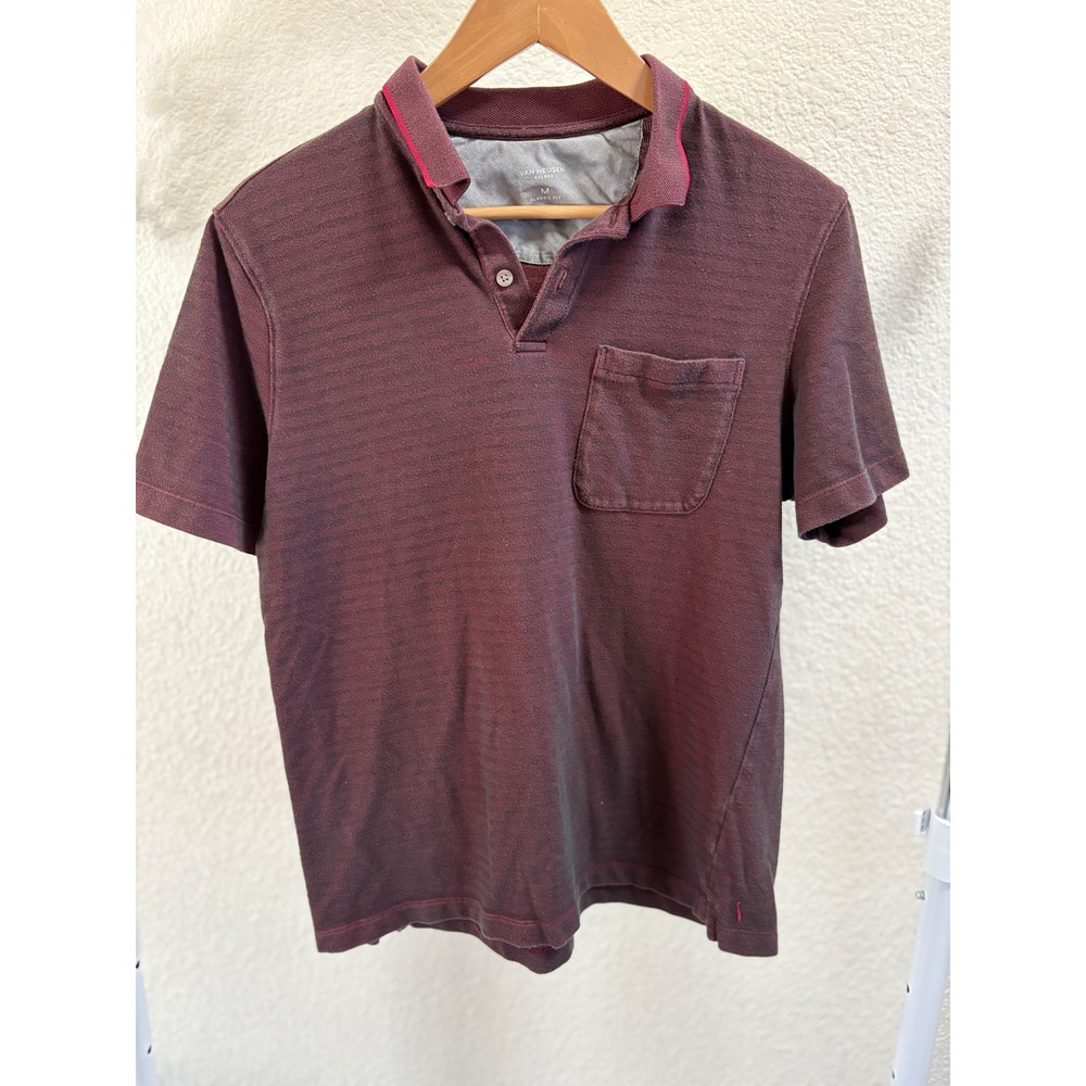 Van Heusen Flex Mens Medium Burgundy Maroon Striped Short Sleeve Polo Shirt M‎